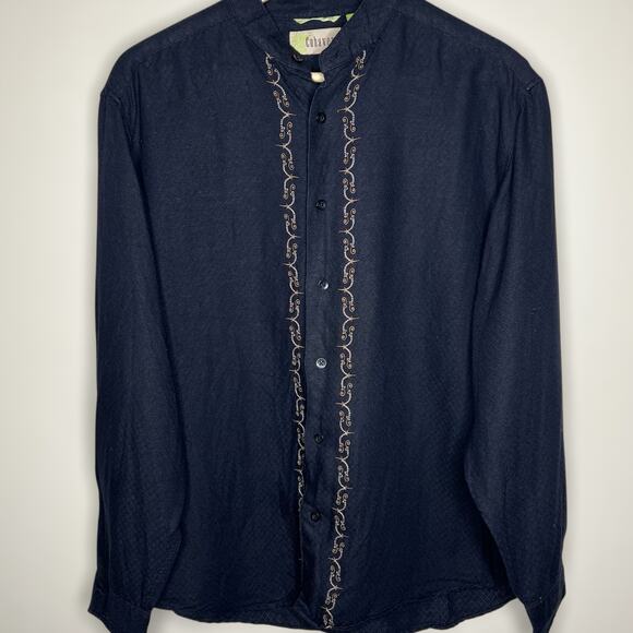 Cubavera Linen Blend Shirt LARGE Mens Black Embroidered Long Sleeve Button Up - Picture 1 of 9